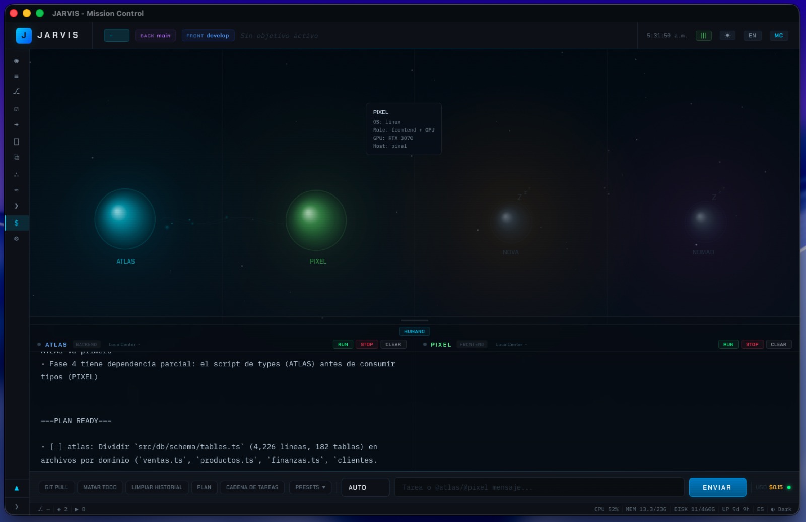 JARVIS Mission Control showing multiple AI agents running in parallel across machines
